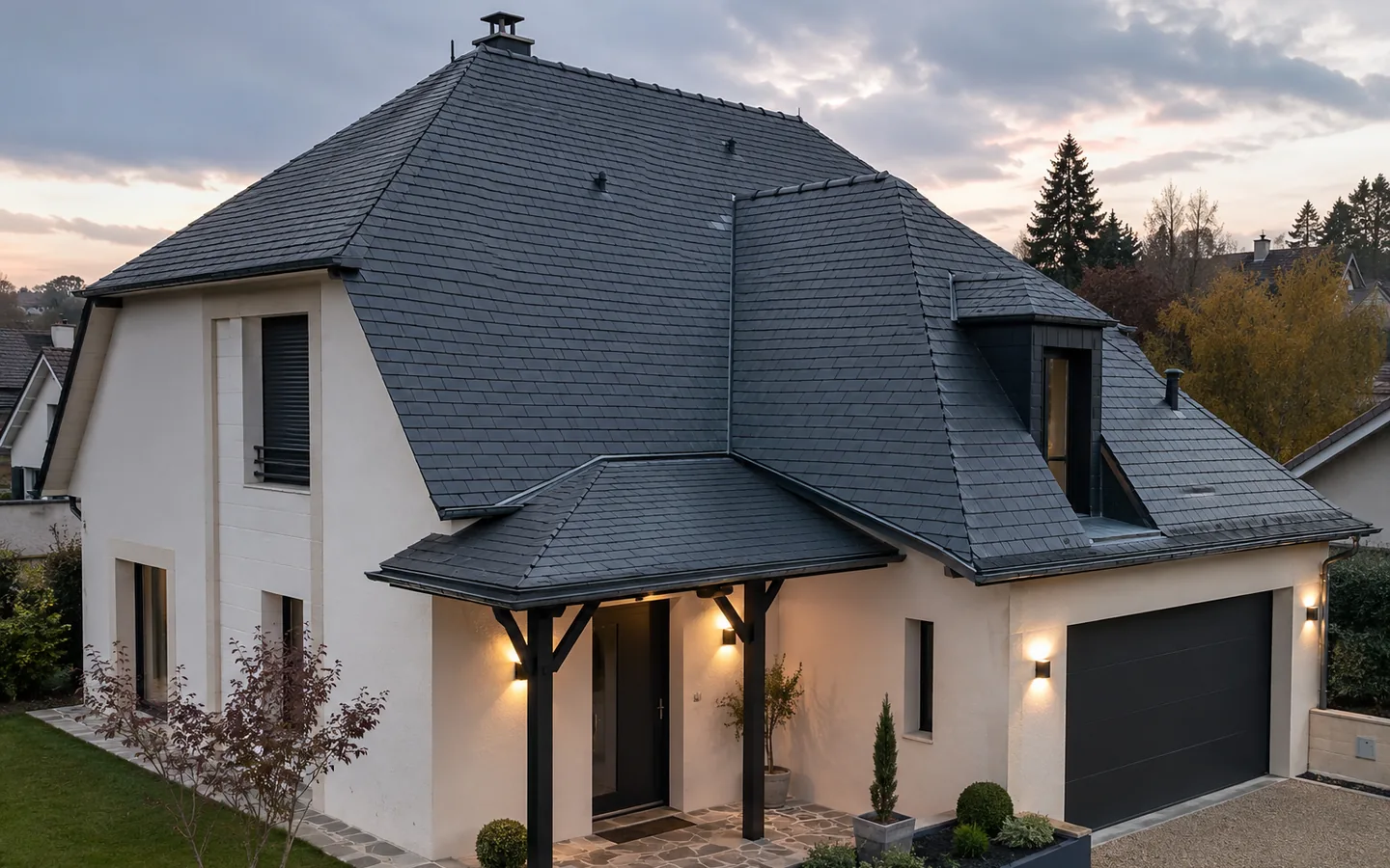 Maison avec toiture en ardoise au crépuscule (illustration)